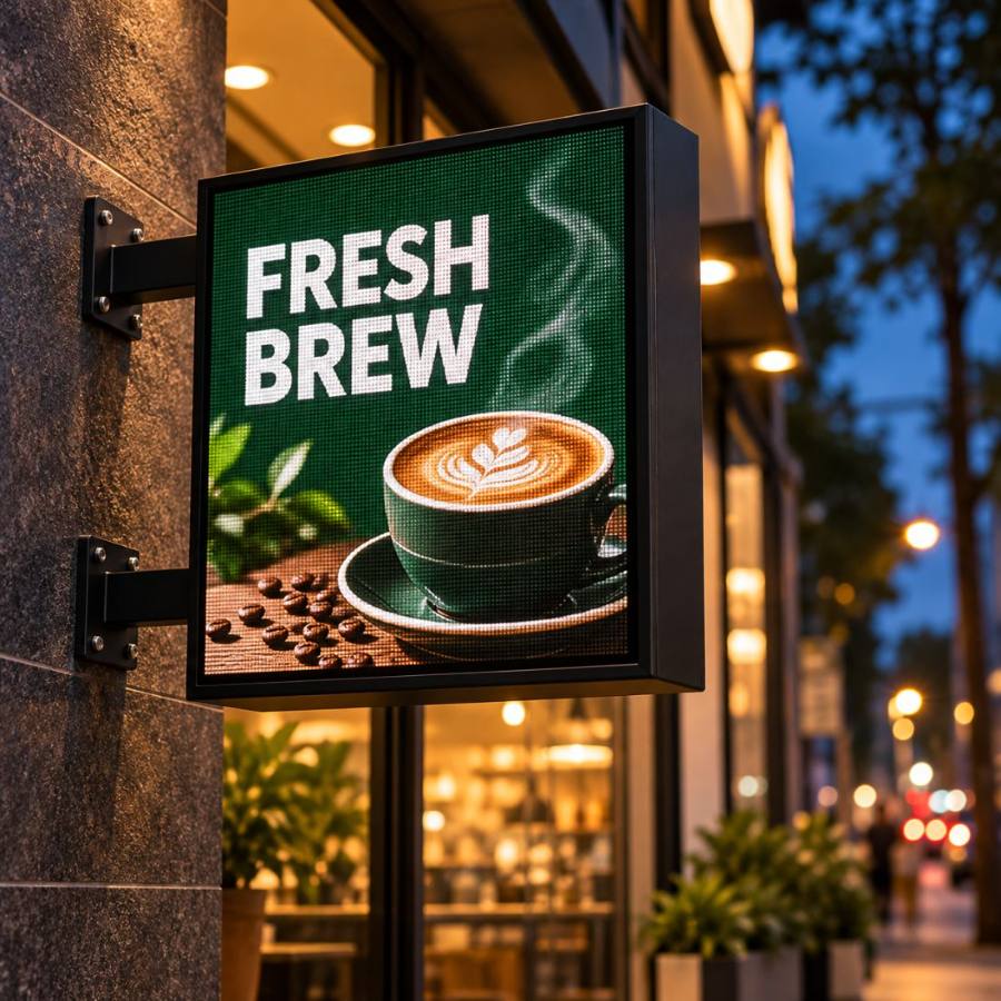 BLAZE outdoor LED screen mounted on a cafe wall showing a Fresh Brew coffee creative at dusk
