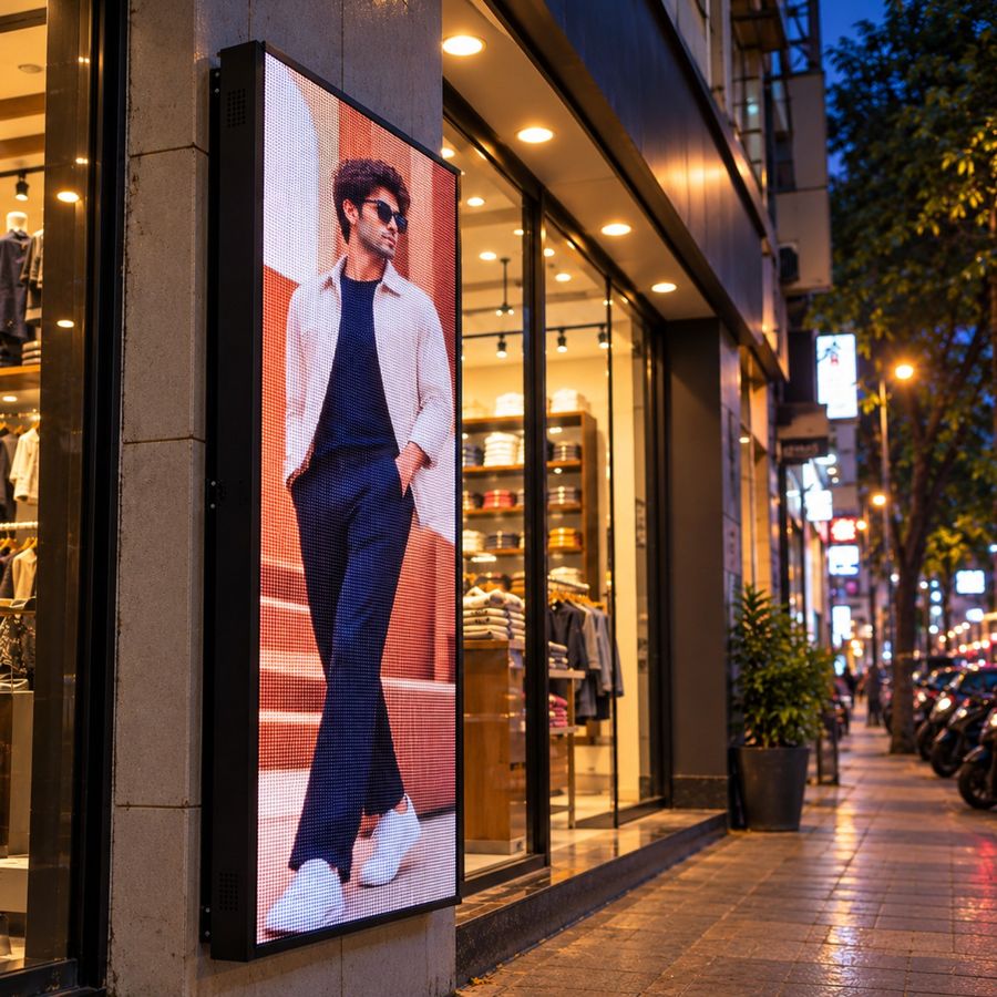 CITYWALL LED screen mounted on a fashion store pillar at dusk, showing a full-height menswear creative to the street