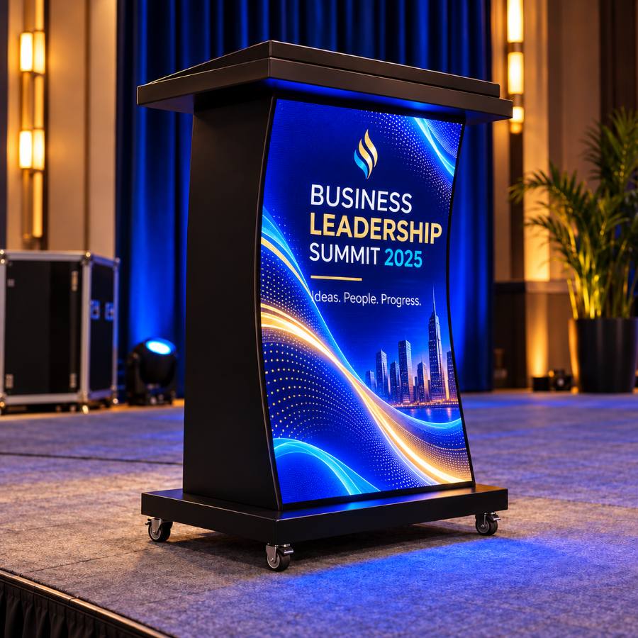 PODIUM curved LED podium screen on a conference stage showing a blue and gold event creative