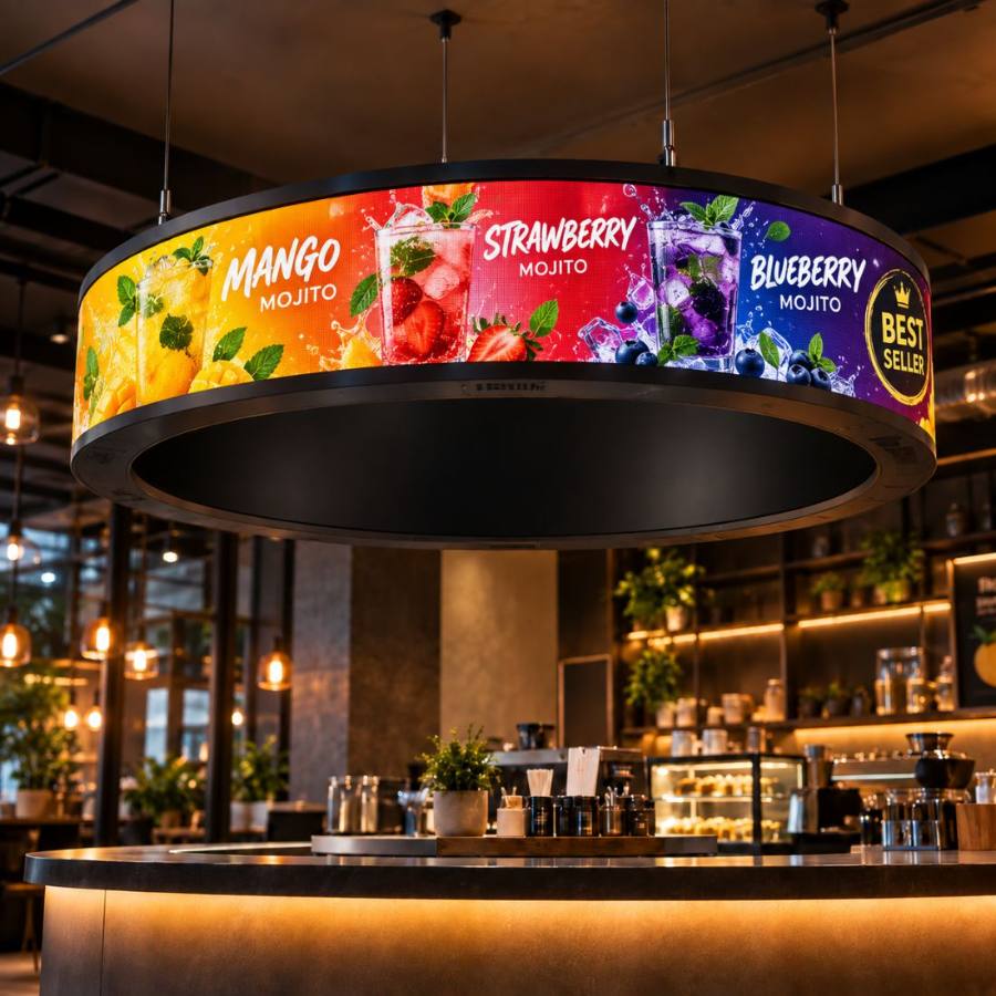 RING 360 degree round LED screen hanging above a cafe counter showing mango, strawberry and blueberry mojito creatives wrapping all the way around