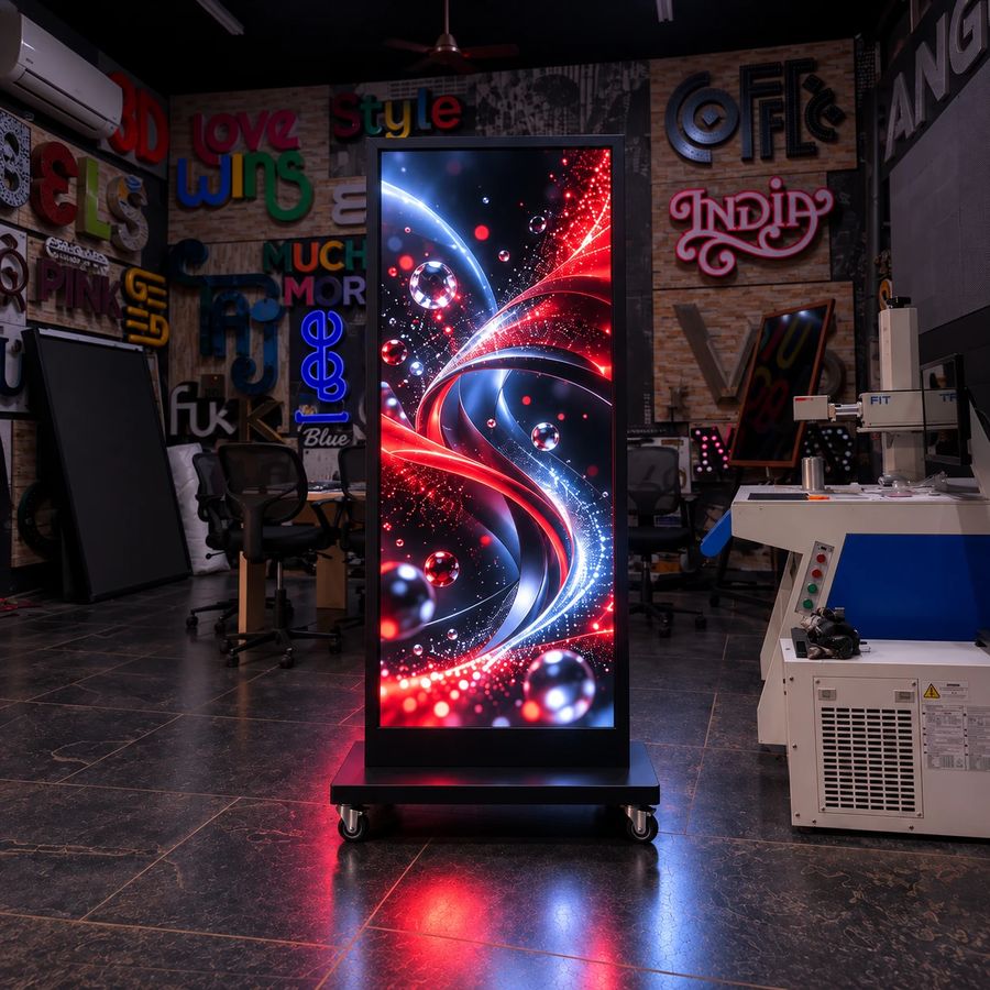 VISTA indoor P2.5 LED standee on its four-wheel base in the Sign India showroom in Surat, playing a red and blue motion graphic