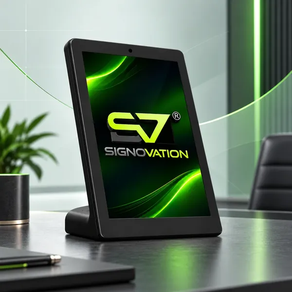 DESKO tabletop digital display on an office desk showing the Signovation logo