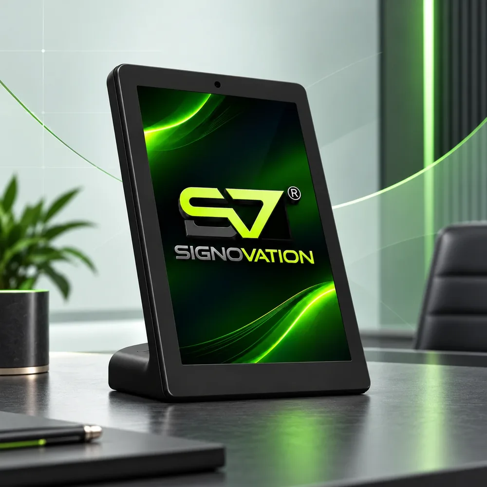 DESKO tabletop digital display on an office desk showing the Signovation logo