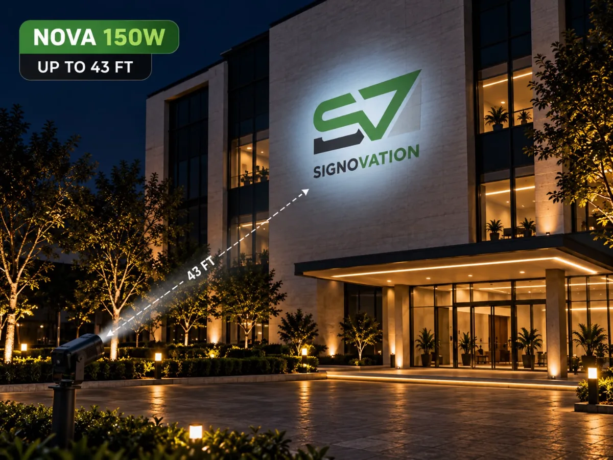150W NOVA projecting on a building facade at night, 43 ft