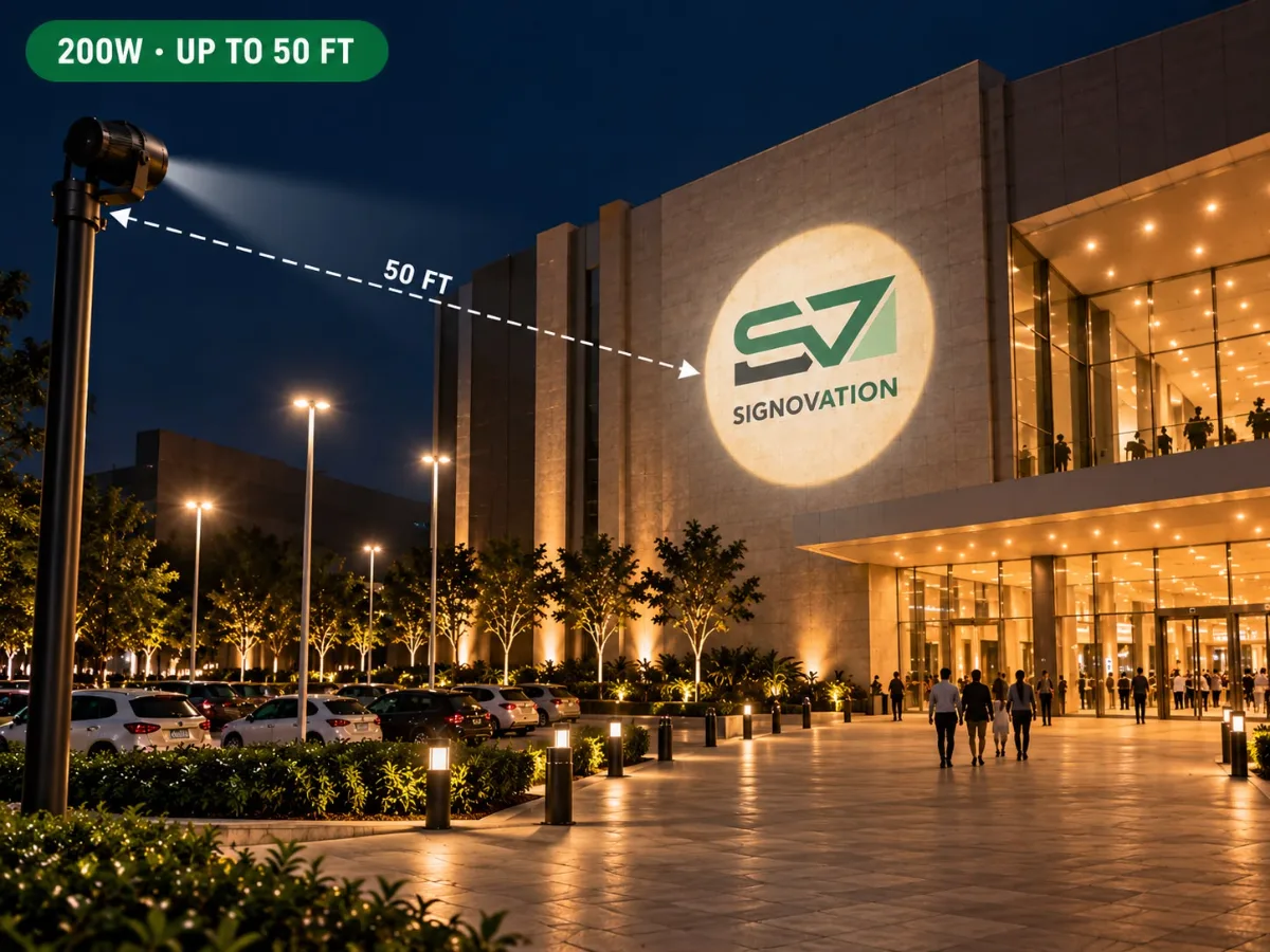 200W NOVA projecting on a building facade at night, 50 ft