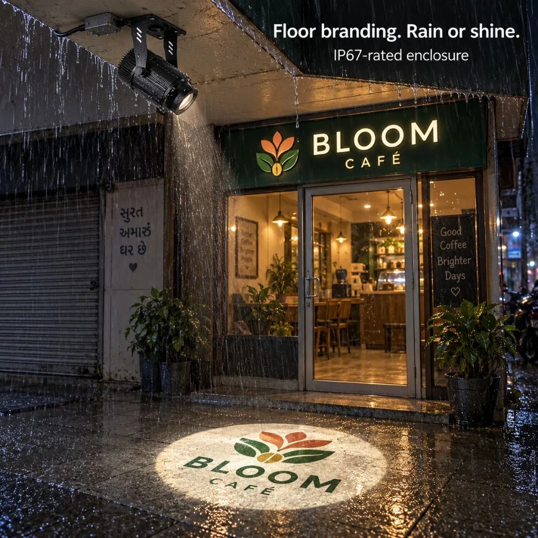 ORBIT floor branding running in heavy rain, IP67 rated enclosure