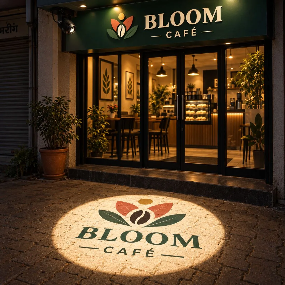 ORBIT projecting the Bloom Cafe logo in full colour on the paver entrance at night