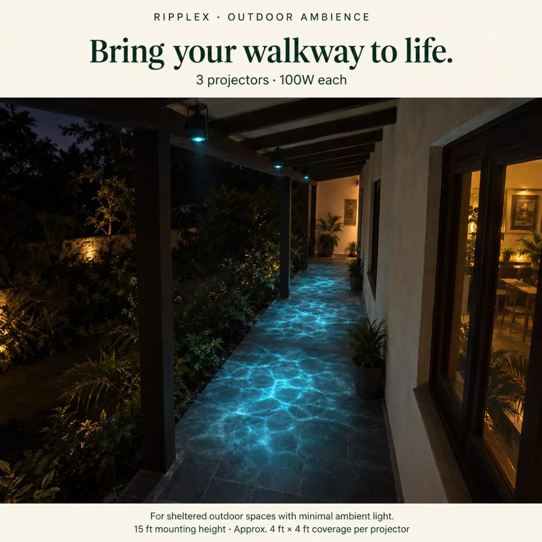 Bring your walkway to life: RIPPLEX ripple effect along a sheltered outdoor walkway at night