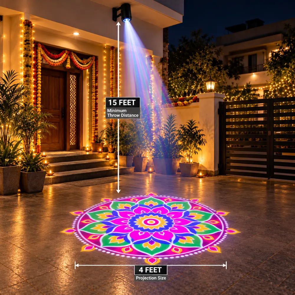 AANGAN projecting a glowing lotus rangoli in light at a home entrance at night