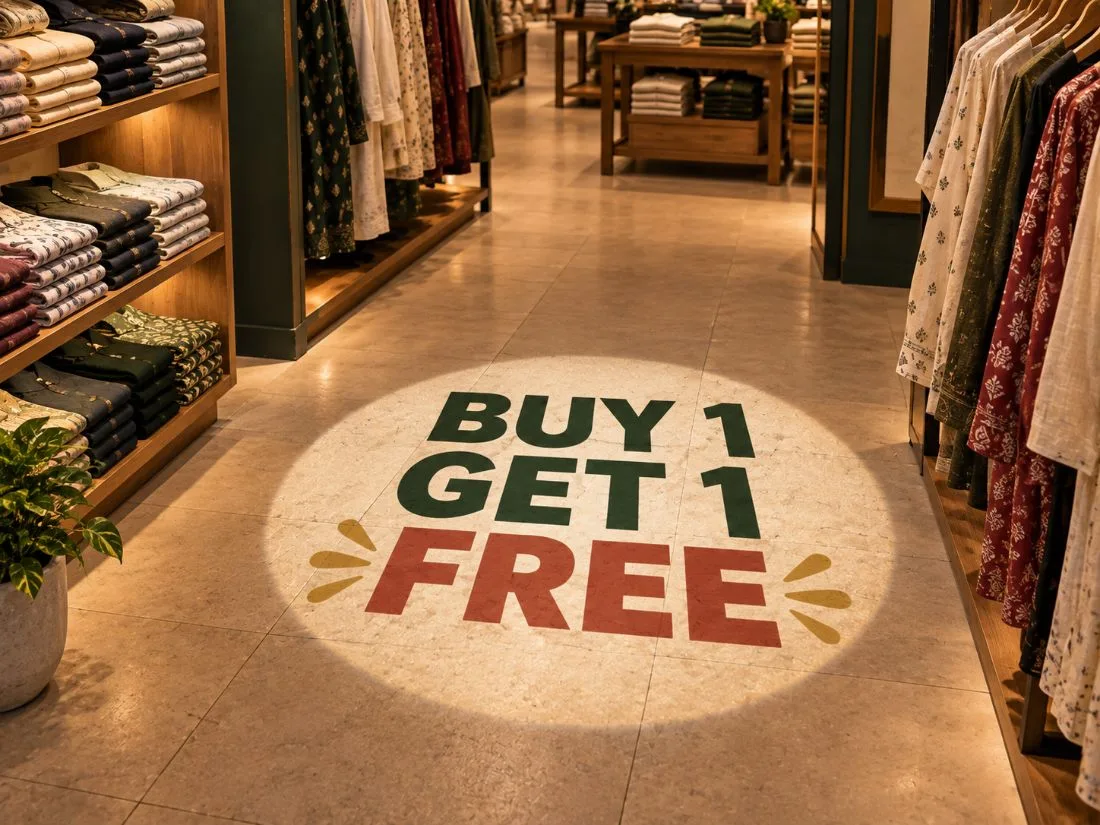 AURA projecting a Buy 1 Get 1 Free offer on a clothing store floor
