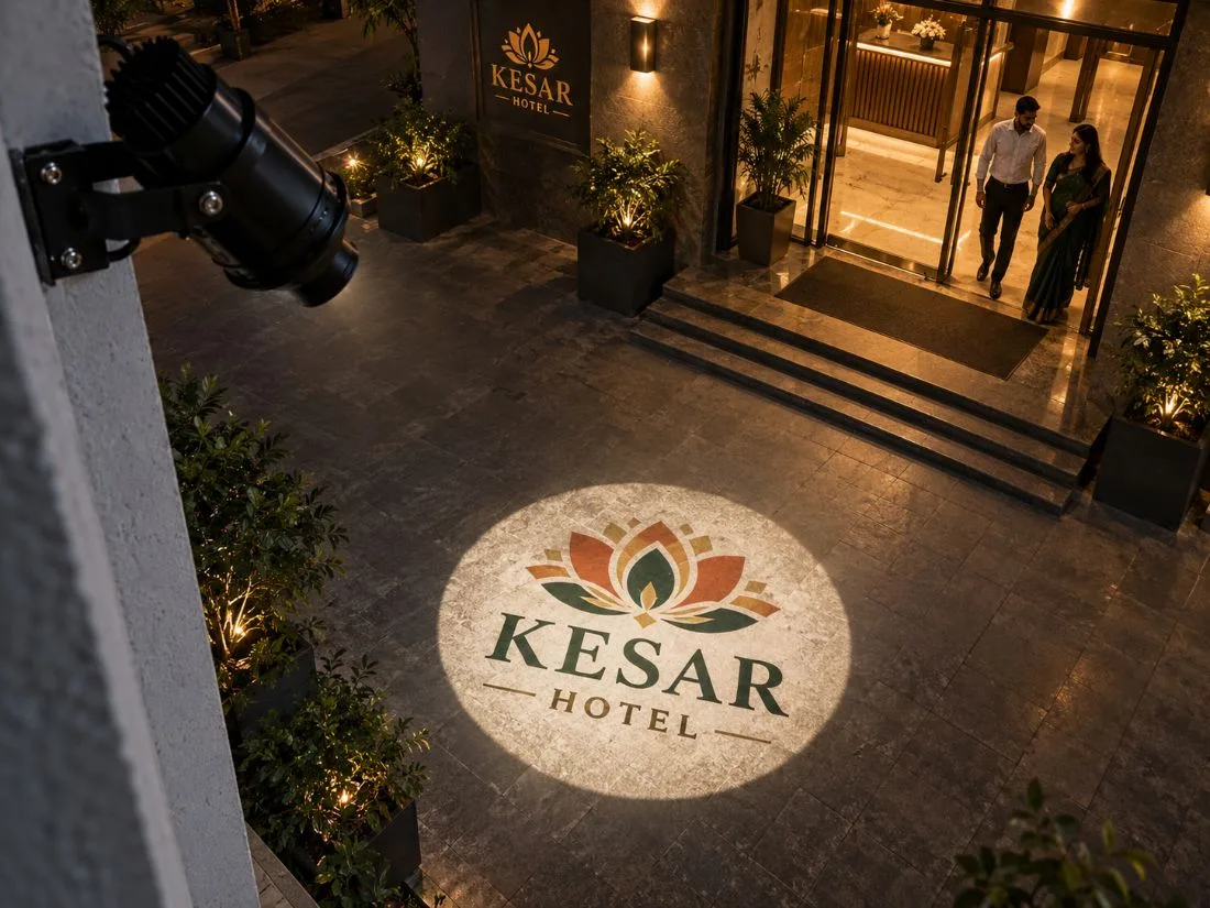 NOVA projecting the Kesar Hotel logo on the entrance floor from a high mount