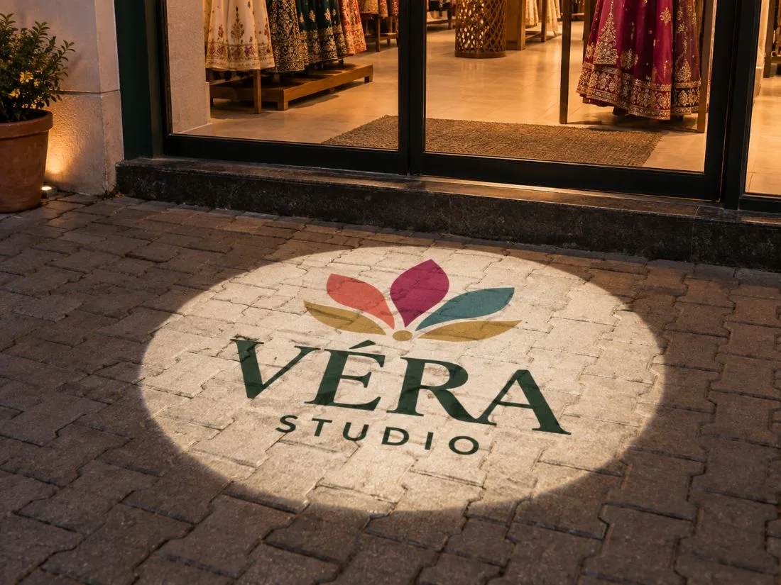 ORBIT projecting the Vera Studio logo in full colour on the pavers outside a boutique at night