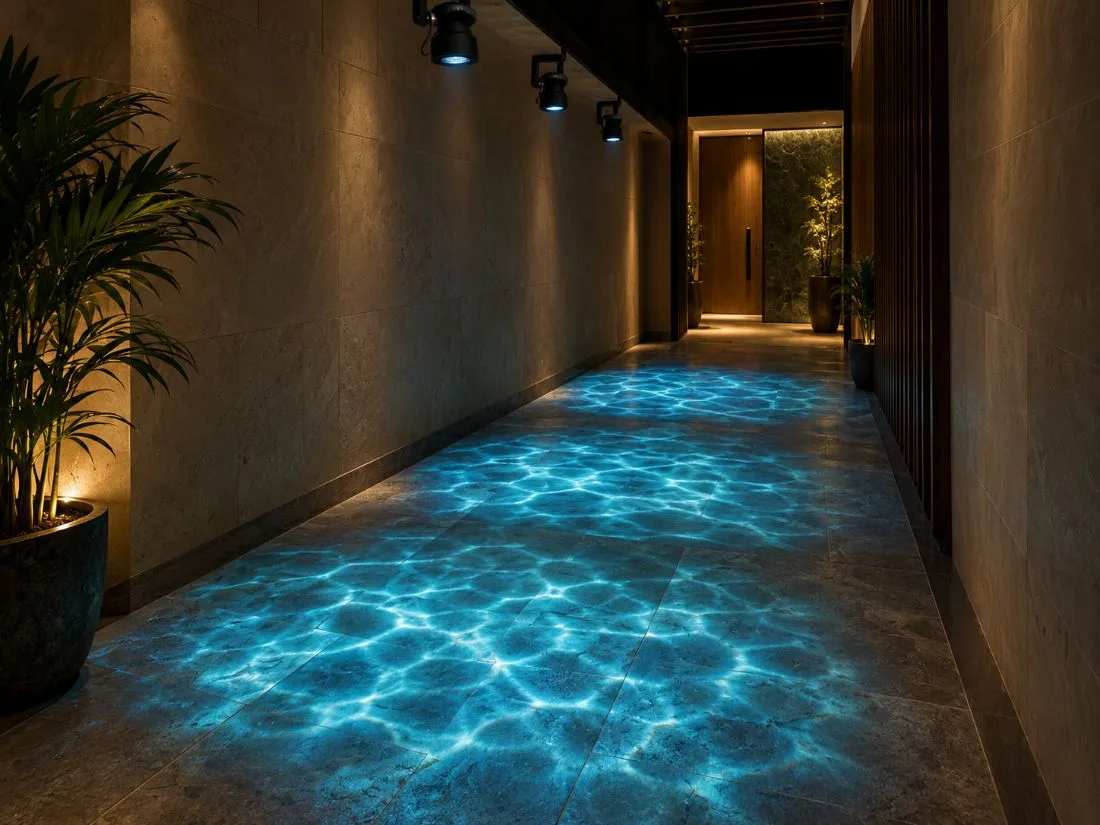 RIPPLEX water ripple effect flowing along a hotel corridor floor
